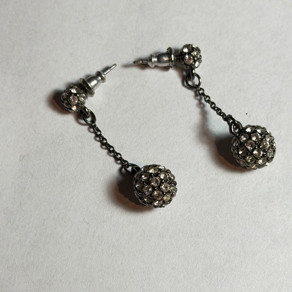 Crystal Ball Drop EarringsSilver/Blk Tone Vintage Elegant Feminine